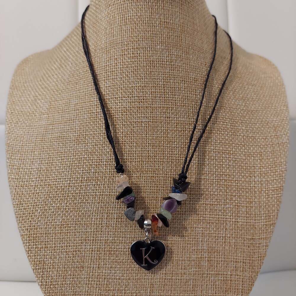 CXD "K" Charm Black Enamel Pendant and Multicolor Stones 16" Necklace